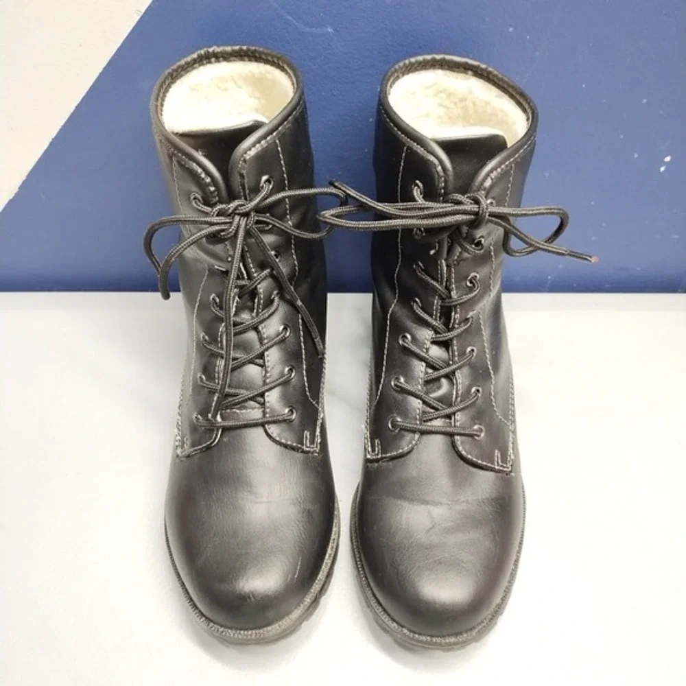 Sporto Julie Winter Boots Women US 6.5M Black Leather Fur Lined Mid Calf Lace Up
